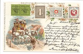 Die ersten CH-Briefmarken  - Gotthard Postkutsche Litho 1900