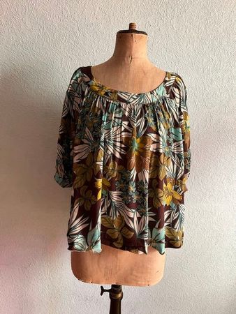Blusenshirt Blumenmuster Braun Gelb Türkis Weiss Gr. XXL