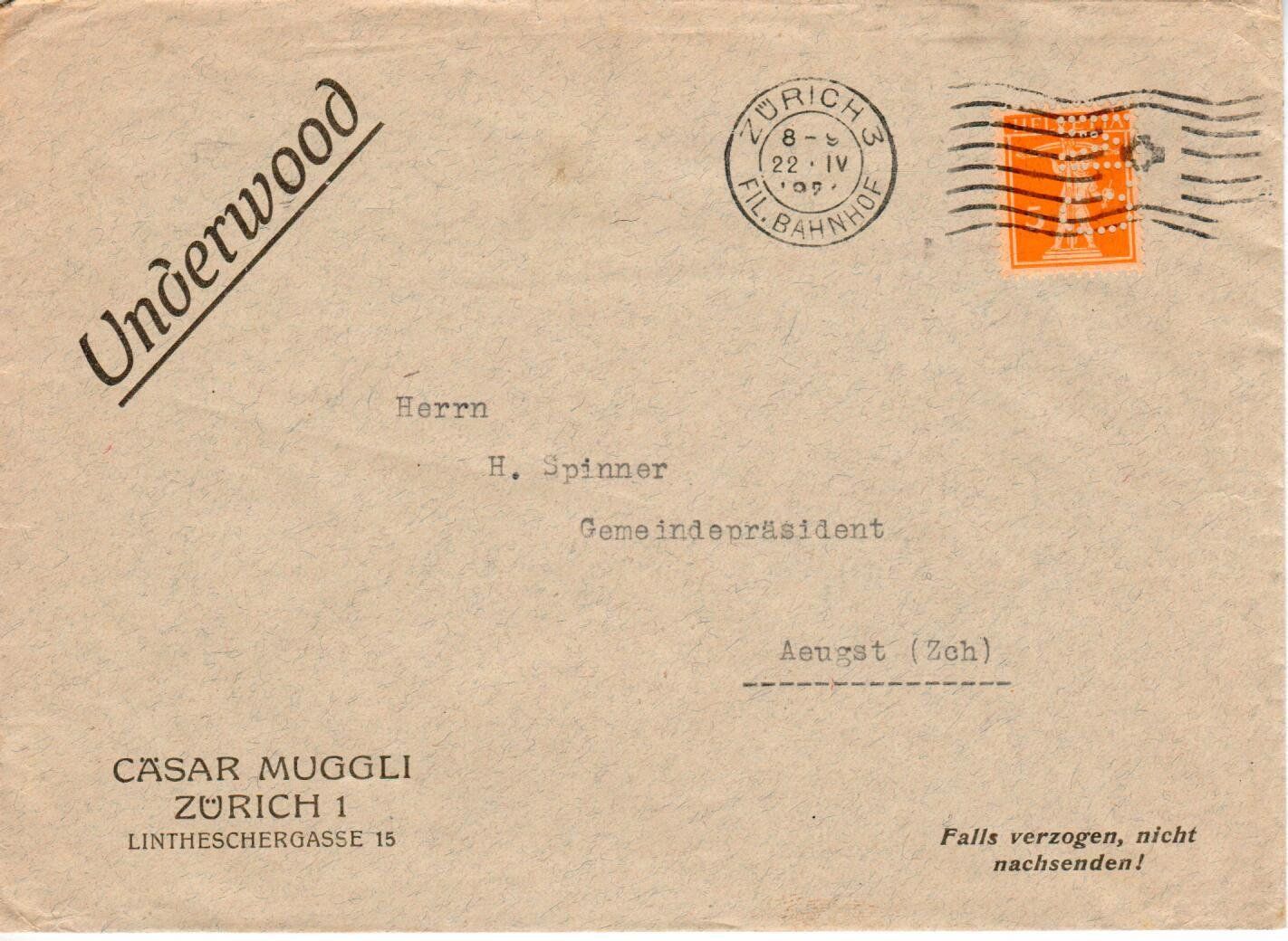 Tutti i francobolli: Perfin, Cäsar Muggli Zürich – Usato da Wolhusen venduto da Curver9 1