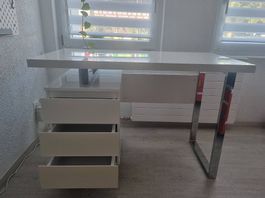 Schreibtisch weiss Hochglanz mit 3 Schubladen
