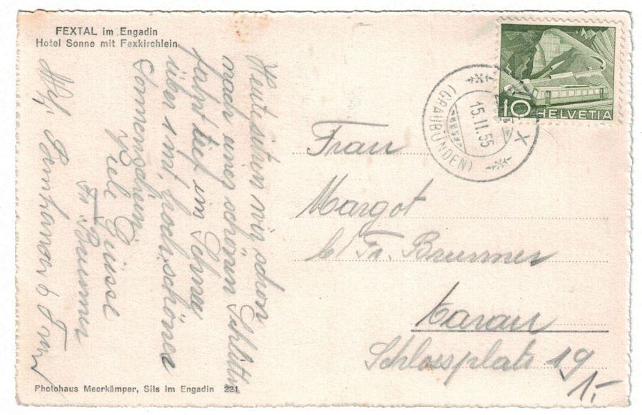 Ansichtskarten: Fex, Hotel Sonne, gelaufen 1955 – Gebraucht aus Frauenfeld von POML 1