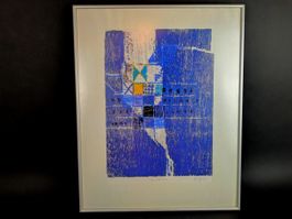 Abstraktes Wandbild in Blautönen mit Rahmen