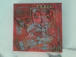 Bild FRAU MIT KATZE rot Leinwand Original Unikat 15x15 cm