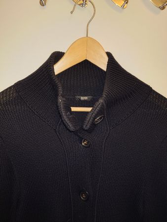 Boss Woll-Strickmantel schwarz Knopfleiste Gr. L