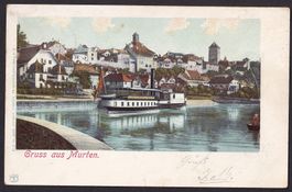 Murten Morat mit Dampfschiff und Stempel MORAT