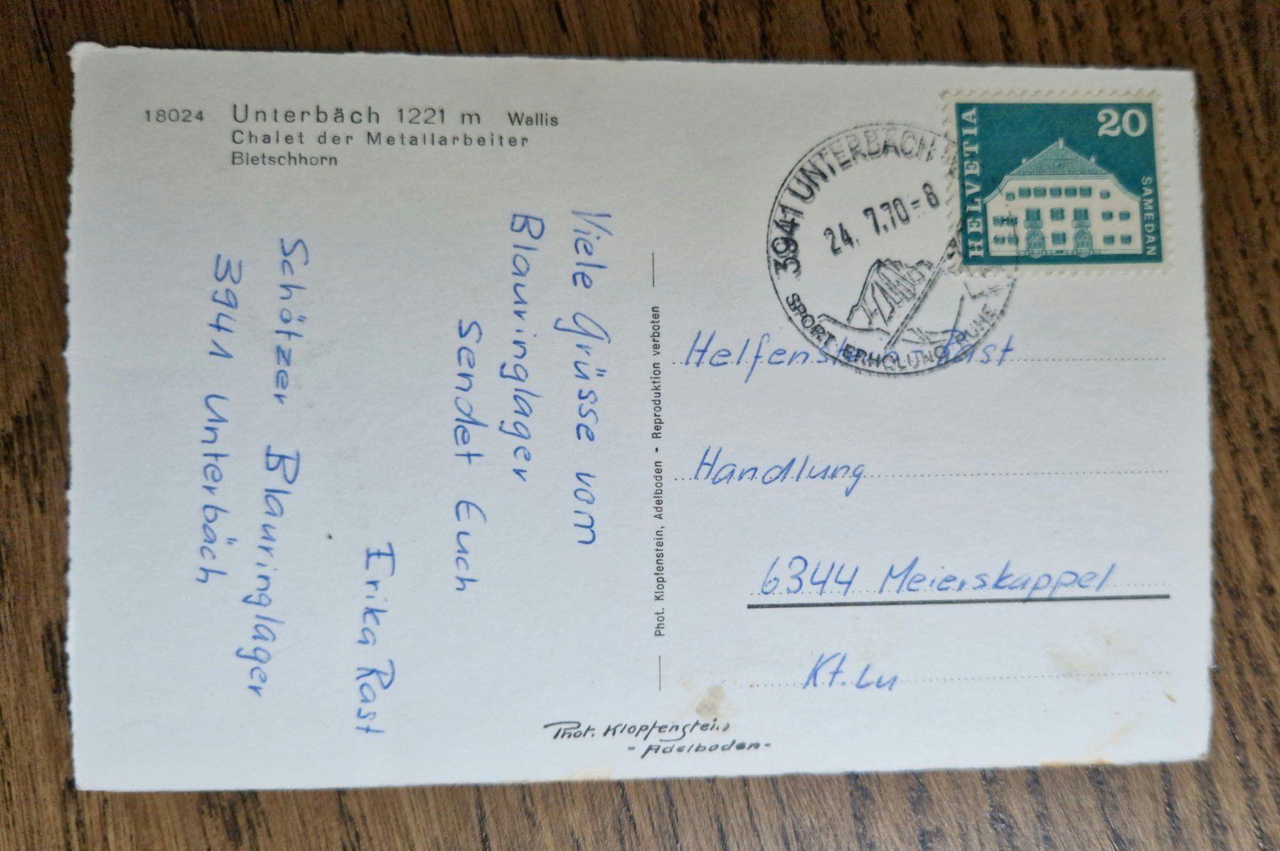 Cartoline postali: Unterbäch, Chalet der Metallarbeiter 1970 – Usato da Ebikon venduto da Donar50 2