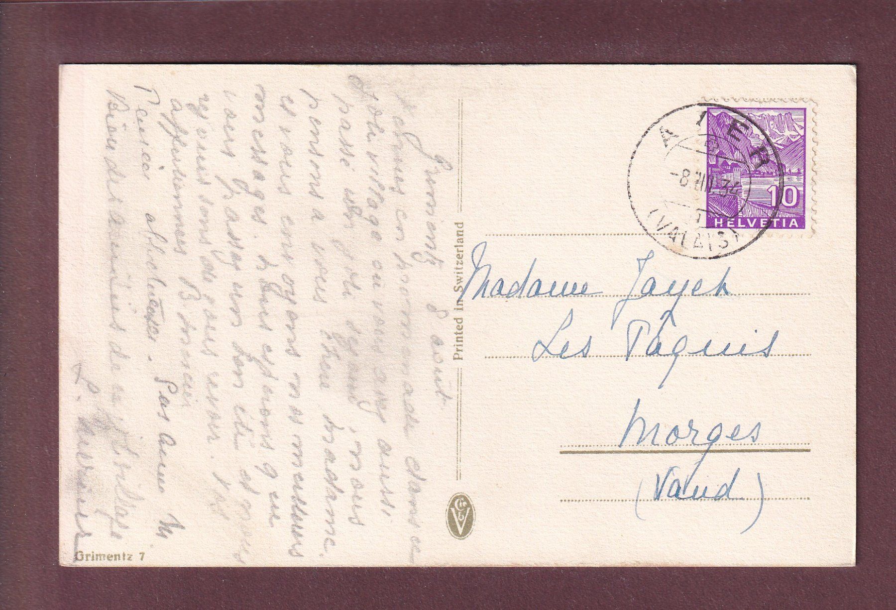 Cartoline postali: Bei GRIMENTZ - 1934 – Usato da Pully venduto da nicecards 1