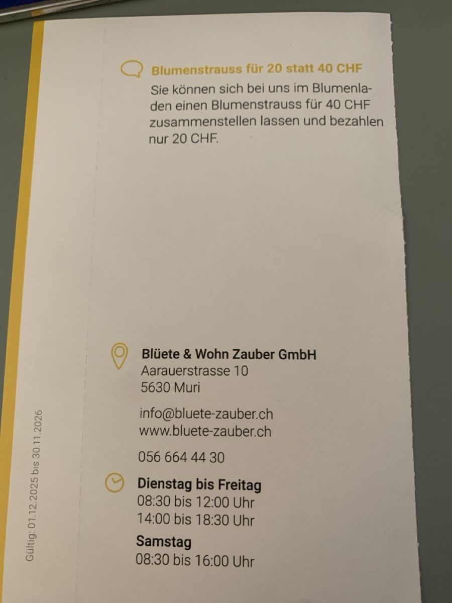 Buoni: 20.- Rabatt Blüete & Wohnzauber, Muri – Nuovo e nell'imballaggio originale da Attelwil venduto da TaraLee 1