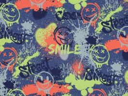 Baumwolljersey Neon Graffity Smiley - Nachtblau meliert