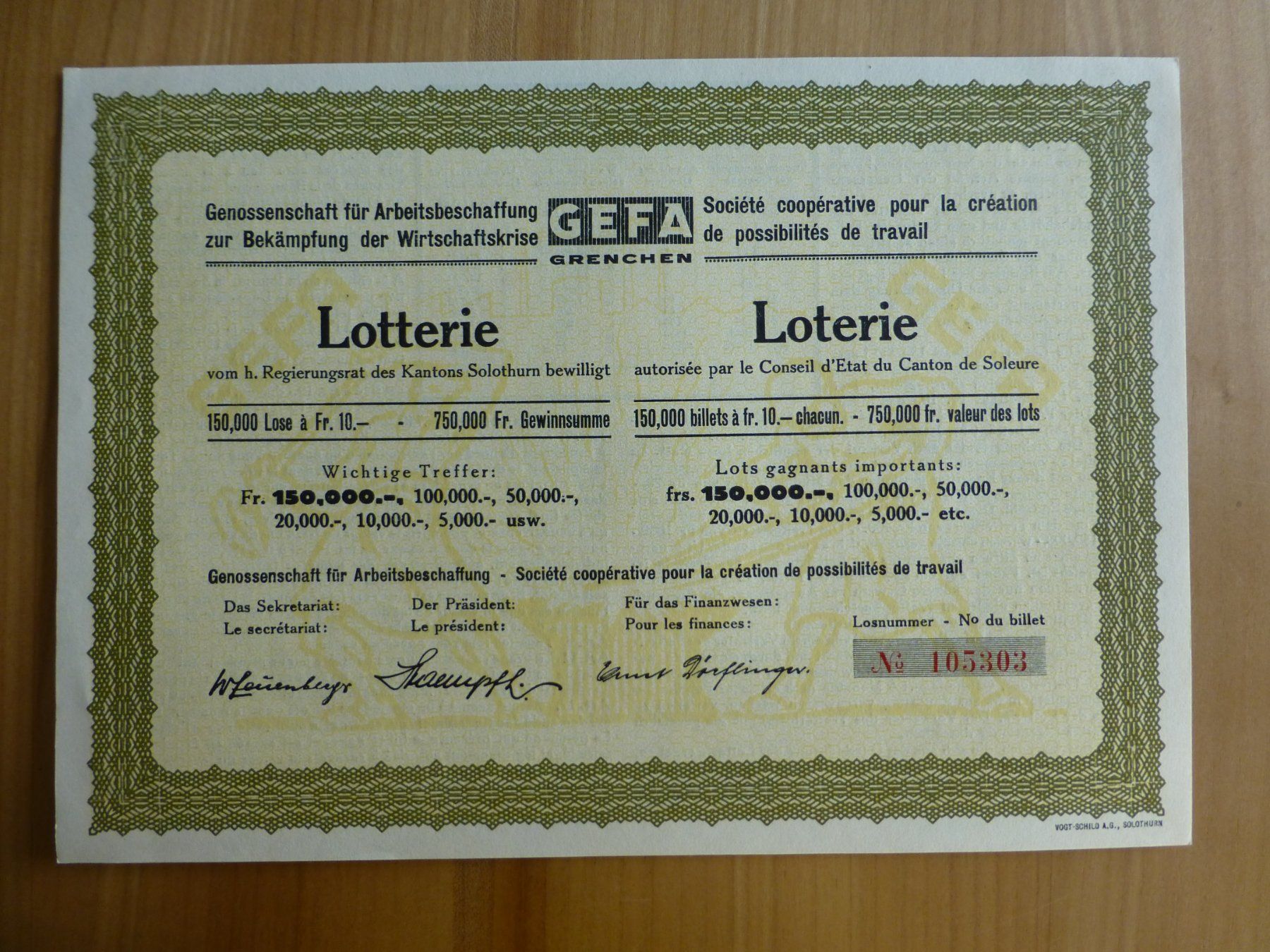 Documenti: Grenchen Lotterieschein GEFA Grenchen – Usato da Bettlach venduto da 1saurer