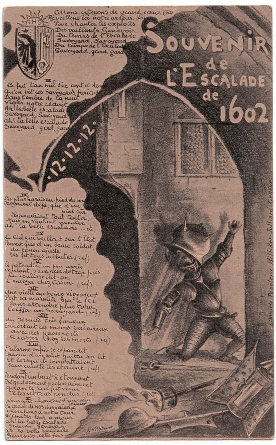 Cartoline postali: Genève, Souvenir Escalade 1602, circulée 1913 – Usato da Frauenfeld venduto da POML