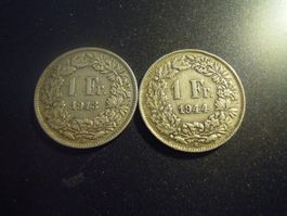 2 x 1.-- Fr. Silber , Jahrgang 1943 + 1944