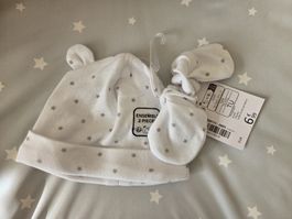 Set bonnet et moufles bébé blanc étoiles taille unique neuf