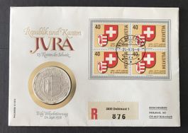 Enveloppe FDC Jura 1978 pièce et timbres oblitérés