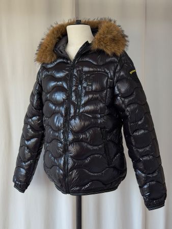 Blauer Parka schwarz glanz Pelzkragen L