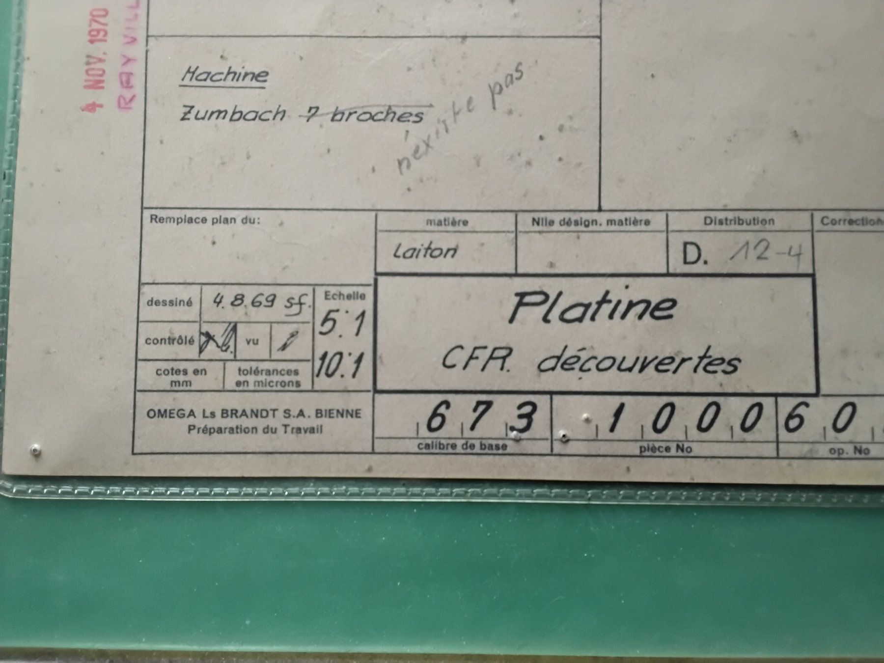 Documenti: Omega Platine  Control Blatt 1970 , Selten – Usato da Biel/Bienne venduto da taki25 1
