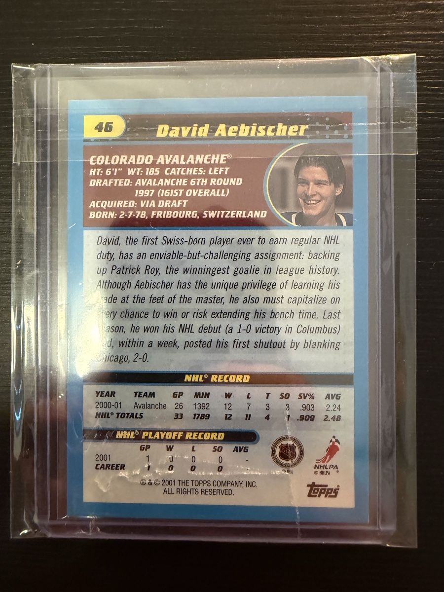 Topps Cartes à collectionner: David Aebischer 2001-02 Topps Heritage Parallel Signée  – D'occasion à Corminboeuf par martyfew 1