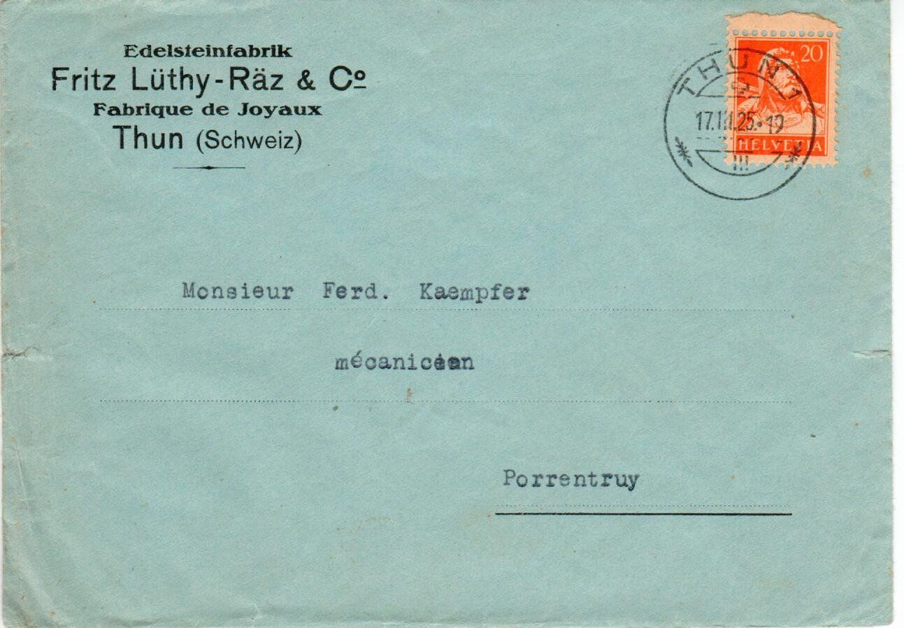 Tutti i francobolli: Brief, Edelsteinfabrik Thun 1925 – Usato da Wolhusen venduto da Curver9