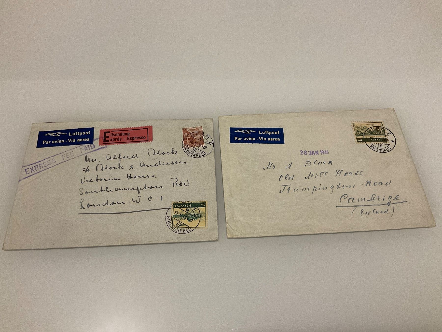 Tutti i francobolli: 1946 2 Flugbriefe von Bern-England, einmal Express, Eil – Usato da Rickenbach Sulz venduto da ser_cv7t