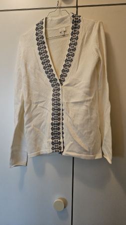 Cardigan bianco Alba Moda ricamato in blu, tg. 34