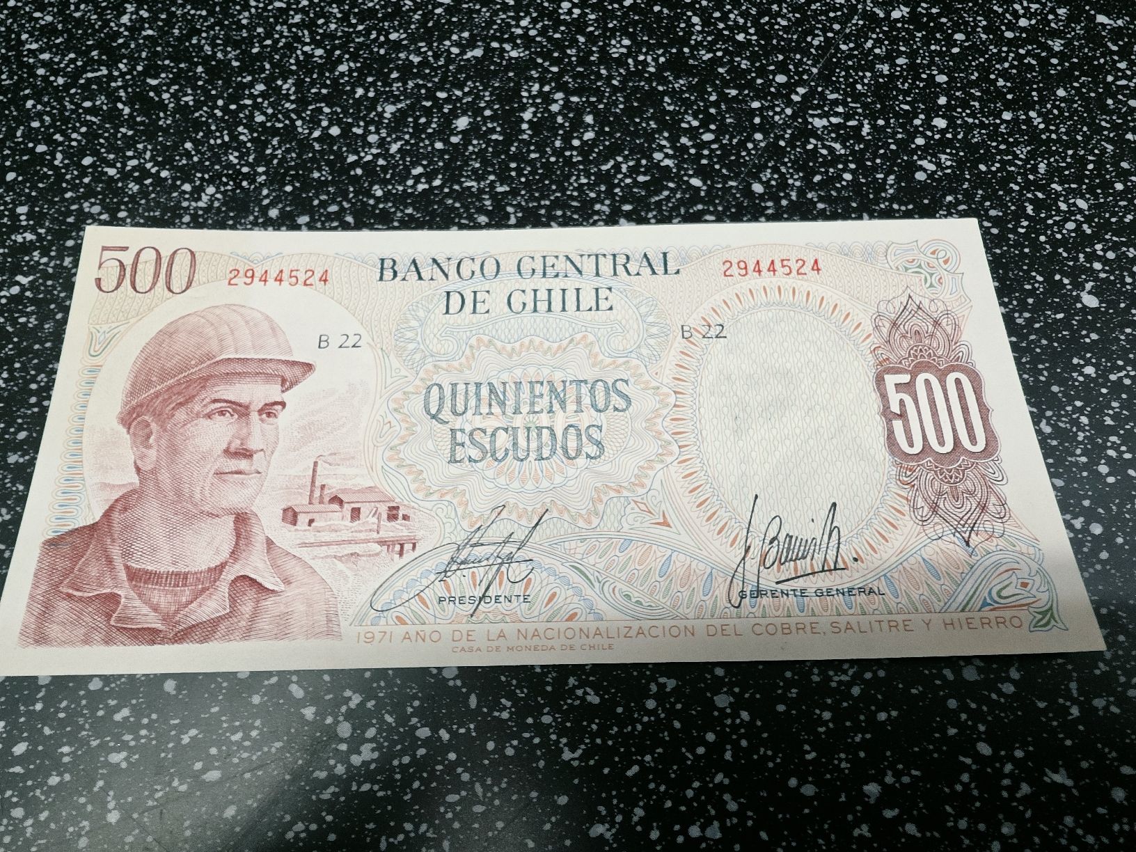 Banconote: 500 Escudos Chile Banknote 1971  – Nuovo e nell'imballaggio originale da Herisau venduto da Antiques.AR