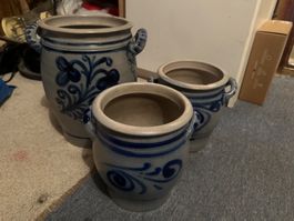3 Steingut Töpfe blau bemalt gebraucht guter Zustand