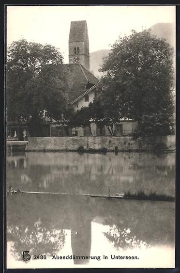 Cartoline postali: AK Unterseen, Wasserpartie mit Kirche – Usato da Berlin venduto da bartko-reher