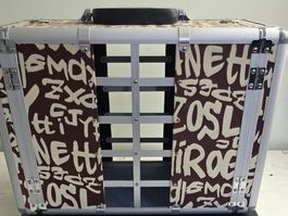 Stylische Hundetransportbox im Graffiti-Look (45x25x30 cm).