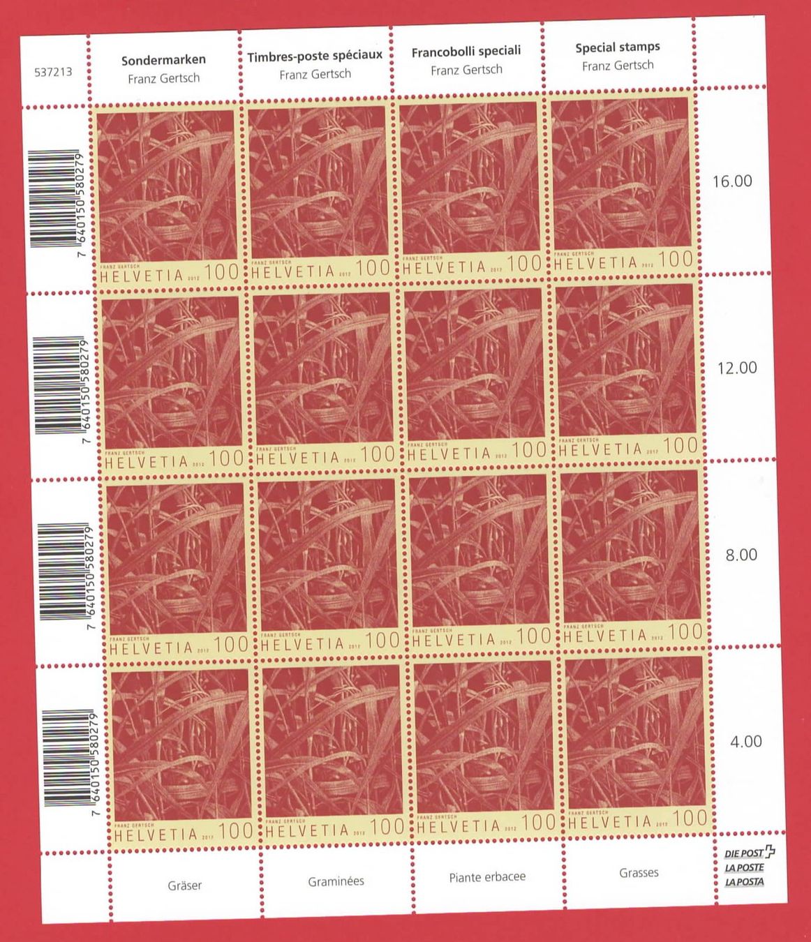 Alle Briefmarken: BOGEN** 2012  : Franz Gertsch - GRÄSER  (E – Neu (gemäss Beschreibung) aus Ruggell von Masescha