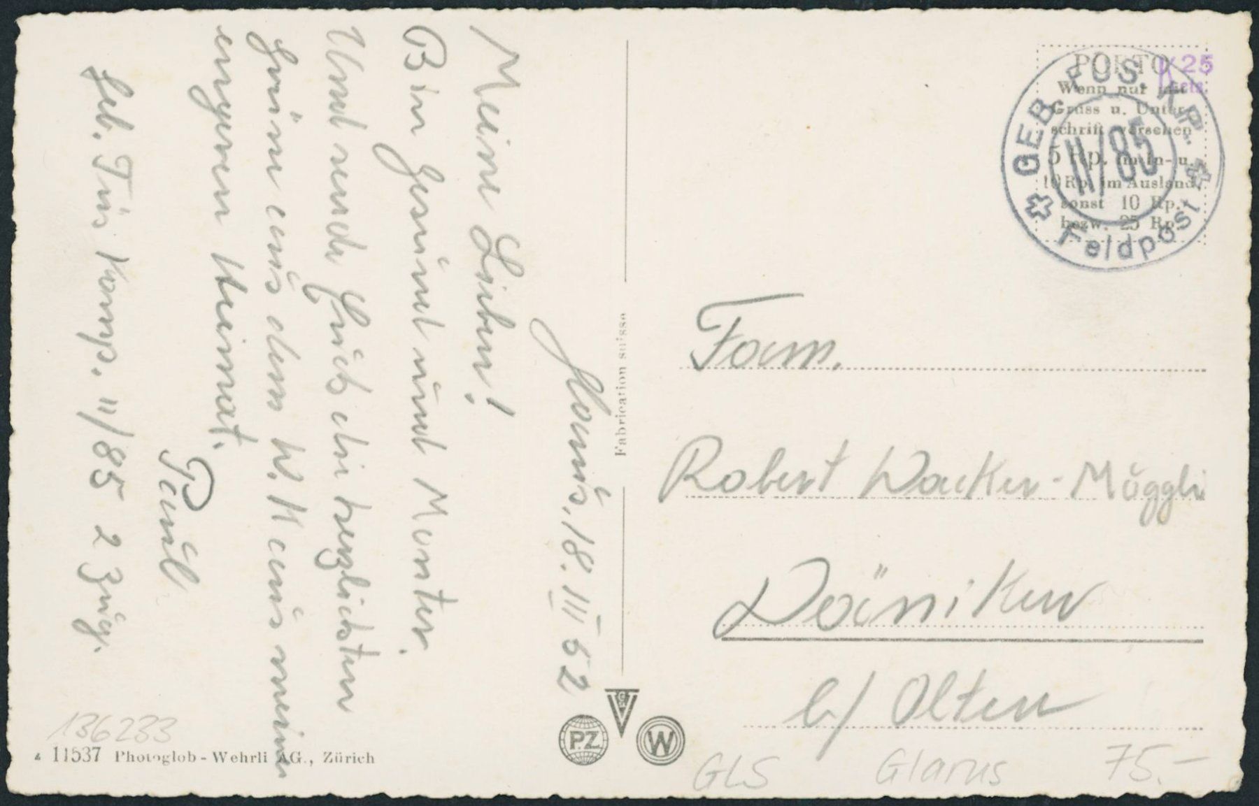 Cartes postales: GLS Glarus - Militärstempel – D'occasion à Schindellegi par leecollect 1