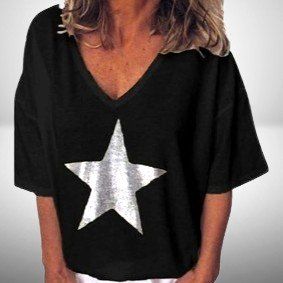 🖤Stilvoll & lässig: Einfarbiges T-Shirt mit silbernen Stern