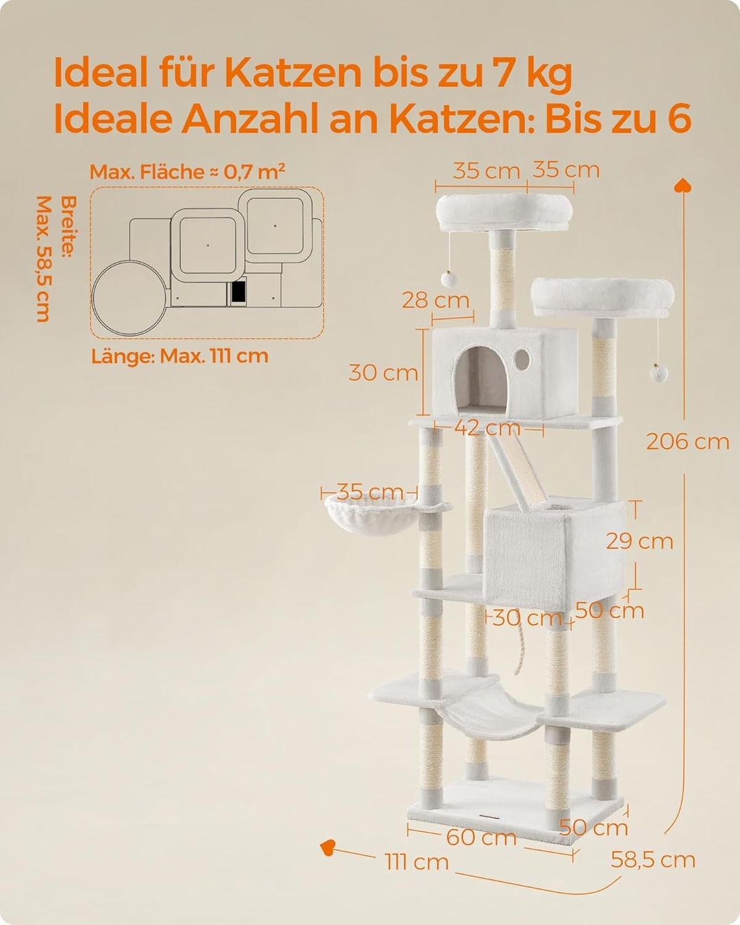 Tiragraffi: FEANDREA XL-Katzenbaum 206 cm Cremeweiß – Nuovo e nell'imballaggio originale da Bottighofen venduto da zaap 4