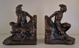 Antike Buchstützen Indianer mit Hund, Bronze patiniert