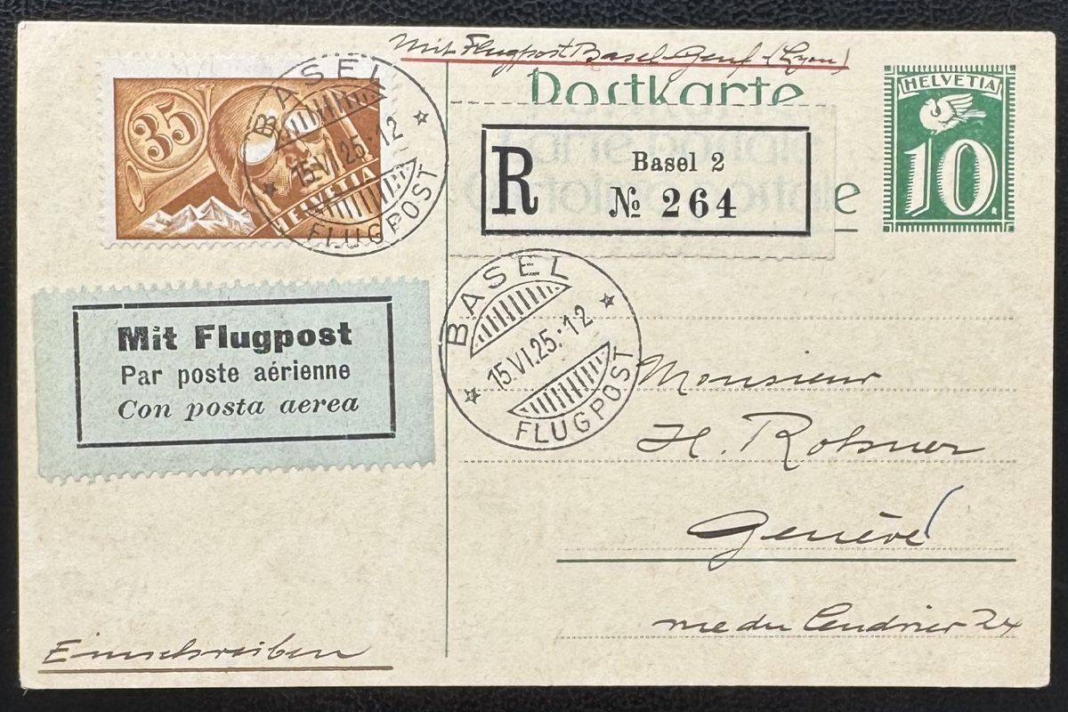 Alle Briefmarken: Schweiz 1925 - Flugpost Basel-Bern, Einschreiben, 15.V.25 – Gebraucht aus birsfelden von tim0444