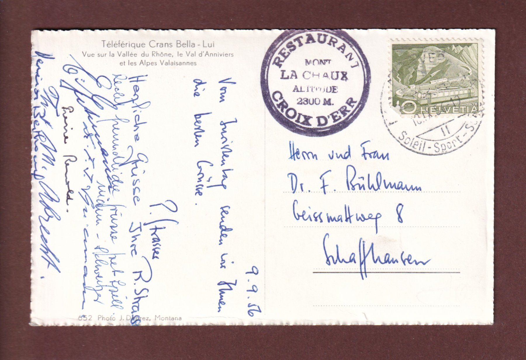 Cartes postales: Téléférique CRANS BELLA-LUI - 1956 – D'occasion à Pully par nicecards-shop 1