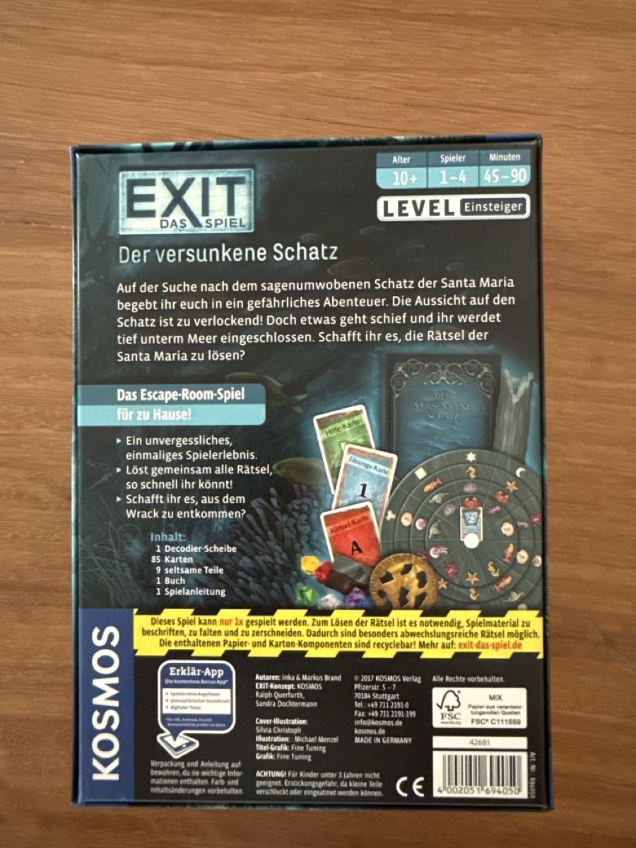 Kosmos Spiele: EXIT Das Spiel Der versunkene Schatz Brettspiel Level Einste – Neu (gemäss Beschreibung) aus Menzengrüt von SC1973 1