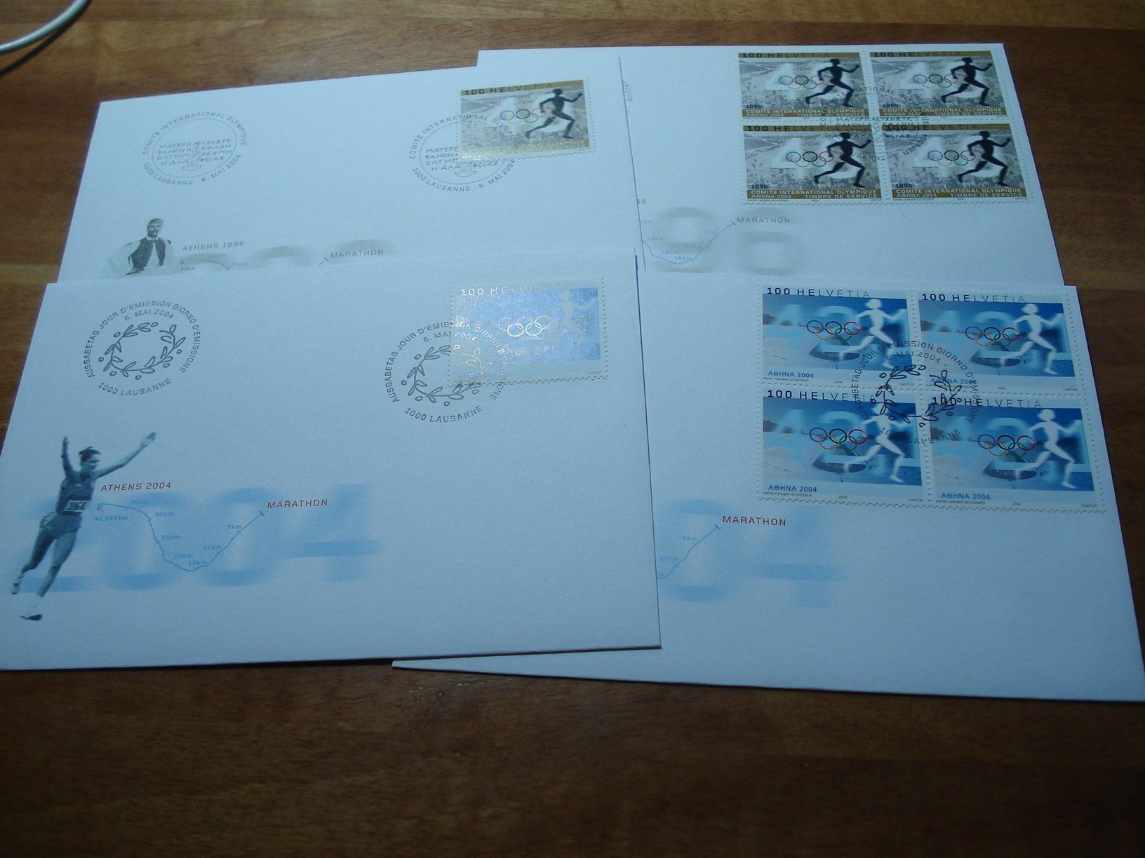 Alle Briefmarken: 2 mal Olympiamarken  2004, FDC Einzel + 4erblock – Gebraucht aus Niederwil AG von morostahu 1