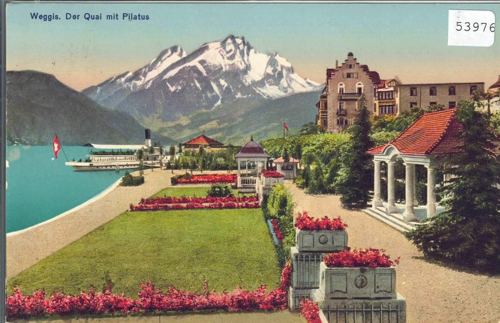 Ansichtskarten: Weggis - Der Quai mit Pilatus, Schiff - Litho – Gebraucht aus Ettingen von Kartenplanet