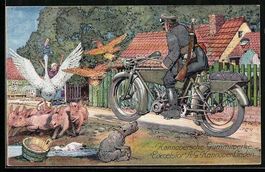 Soldat auf dem Motorrad rast durch ein D