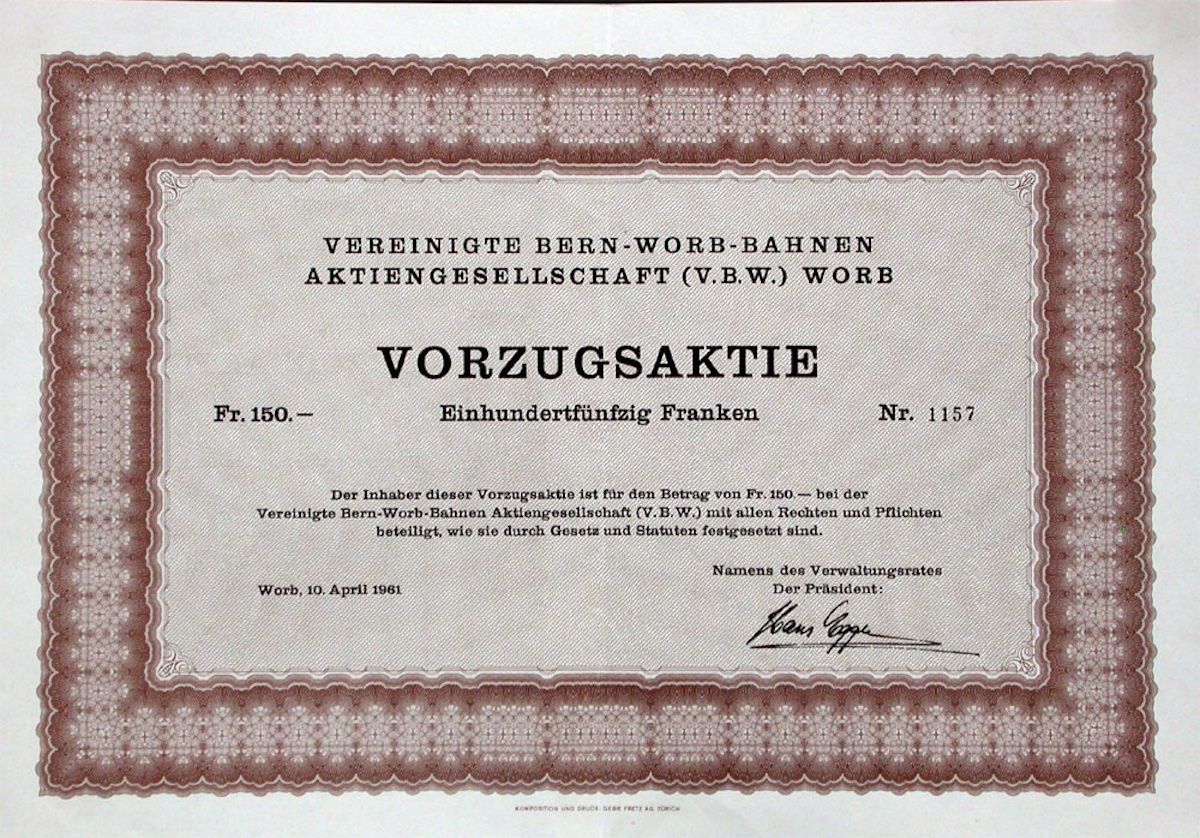 Documenti: Vereinigte Bern-Worb-Bahnen AG, Worb - 1961 – Usato da Solothurn venduto da Sgasche
