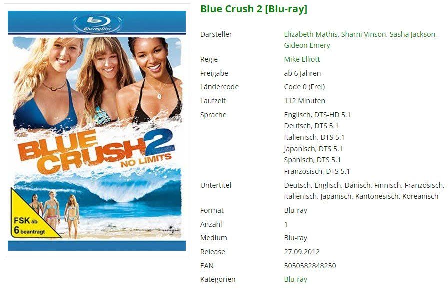 Tutti i DVDs: Blue Crush 2 (Bluray) – Usato da Emmetten venduto da SVollenweider