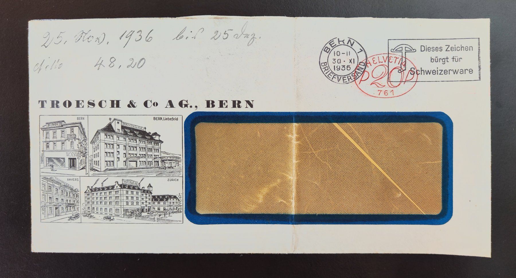 Buste & buste per spedizione: Couvert Troesch Bern 1936 – Usato da Lenzburg venduto da Dani_Lenzburg