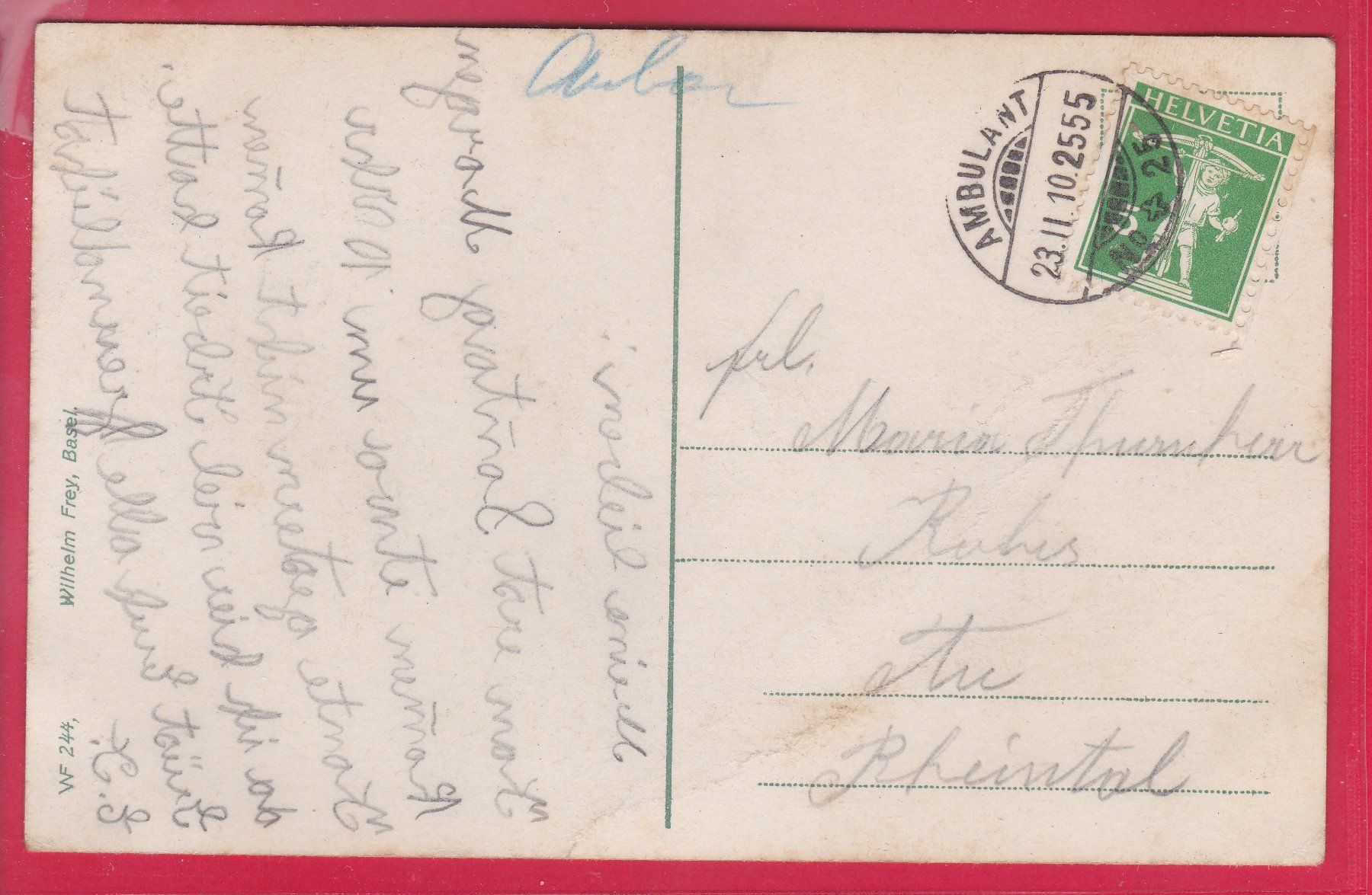Cartoline postali: GRUSS AUS BASEL, 23.2.1910 – Usato da Oberrieden venduto da Gebirgsstelze 1