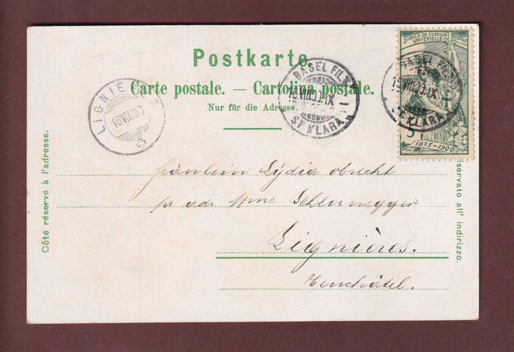 Cartoline postali: Gruss aus BASEL - 1900 UPU - Litho Brann – Usato da Pully venduto da nicecards 1