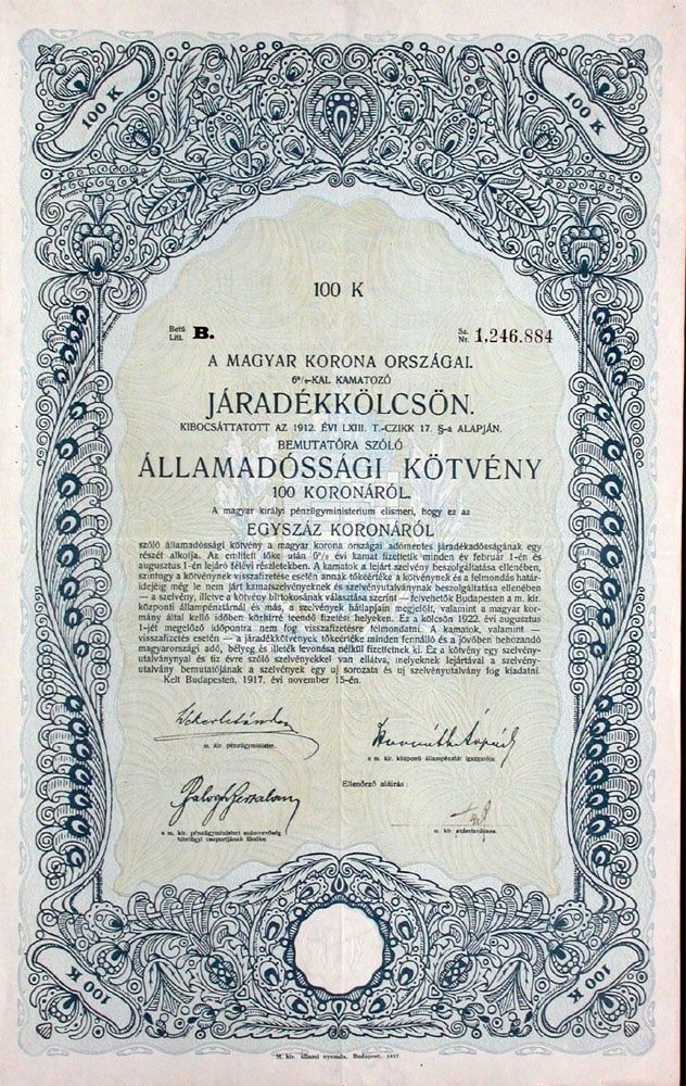 Documenti: 6% Königreich Ungarn, Budapest - 1917 – Usato da Solothurn venduto da Sgasche