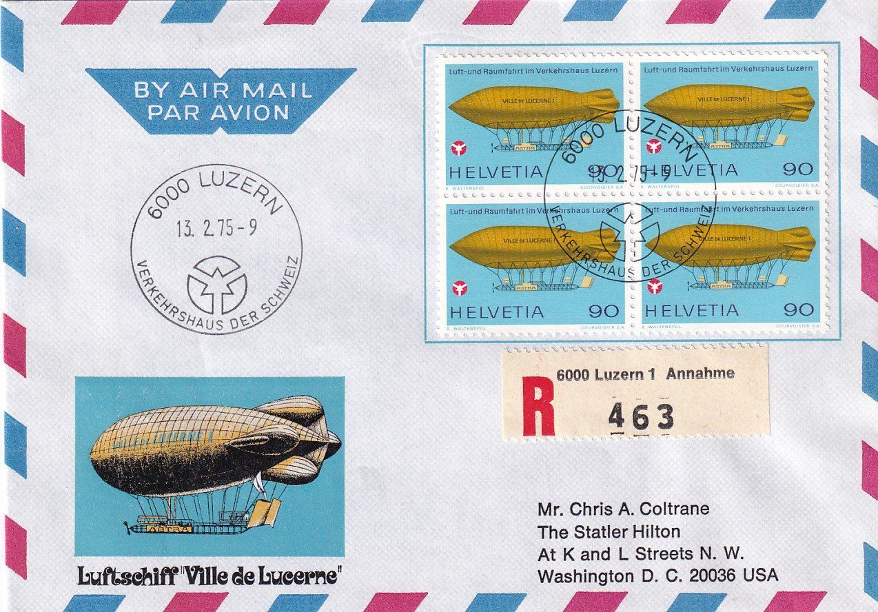 Tutti i francobolli: R-FDC Luftschiff "Ville de Lucerne" 1975 – Usato da Baar venduto da Asmara111