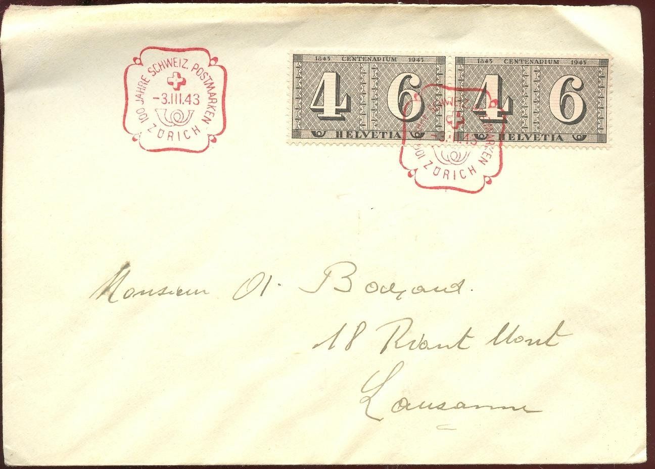 Alle Briefmarken: Timbre centenaire des postes suisses, 03.03.1943 – Gebraucht aus Montenol von Vernier2