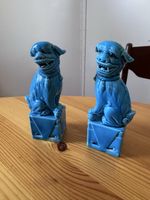 Statues chiens gardiens bleus en céramique lot de 2