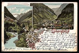 Lithographie Göschenen, Ortsansicht mit Gotthardtunnel und D