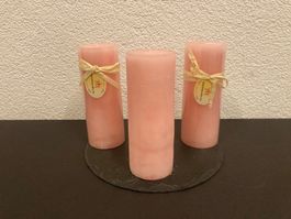 Kerzen 3er Set, je 6,8x18 cm, hell-rosa Raureif, je 550g